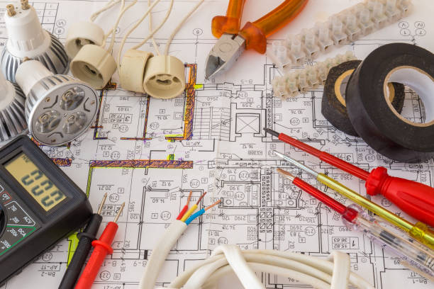 still life of electrical components arranged on plans